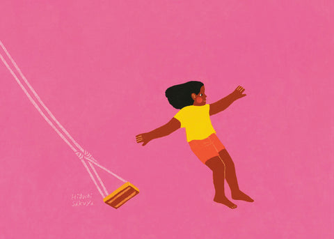 free-range childhoods illustration of a girl jumping off a swing for Lunch Lady Magazine