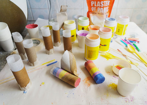 Photo of toilet rolls with homemade DIY chalk in them for Lunch Lady Magazine