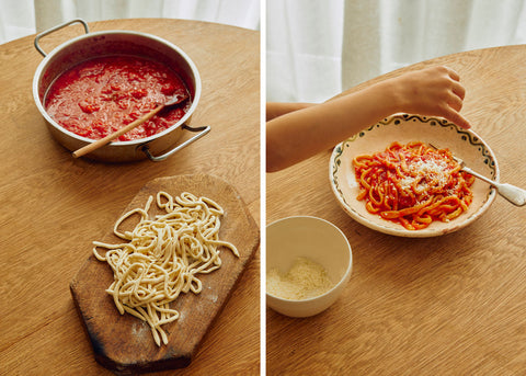 Two photos of a pici pasta in tomato sauce with grated parmesan cheese on top