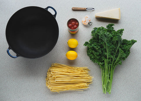 Anna Jones one-pot spaghetti ingredients flat lay for lunch lady magazine