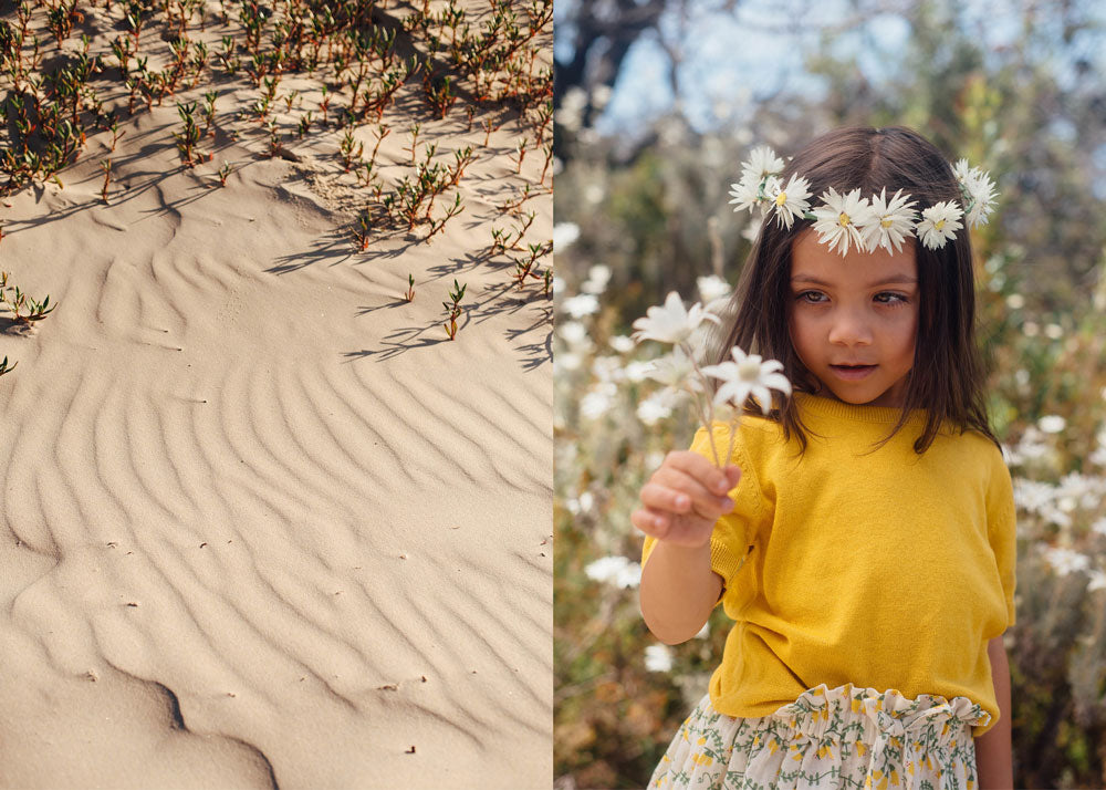 A photo of the sand on the left, and a photo of a little girl holding flannel flowers wearing a daisy crown on the right.