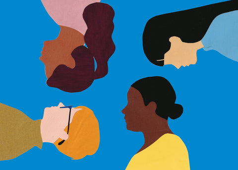 shadow paper drawing of different women's profiles. They all have different colour skin