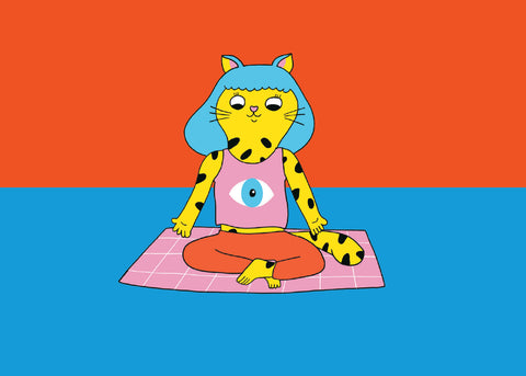 illustration of a cat in a seated yoga position for kids for lunch lady magazine
