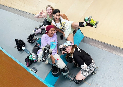 Zulfiye Tufa and friends wearing rollerskates for Hello Lunch Lady Magazine parents who play feature