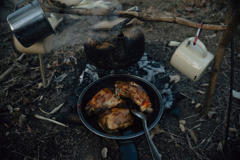 Food cooked using a cast iron camping set