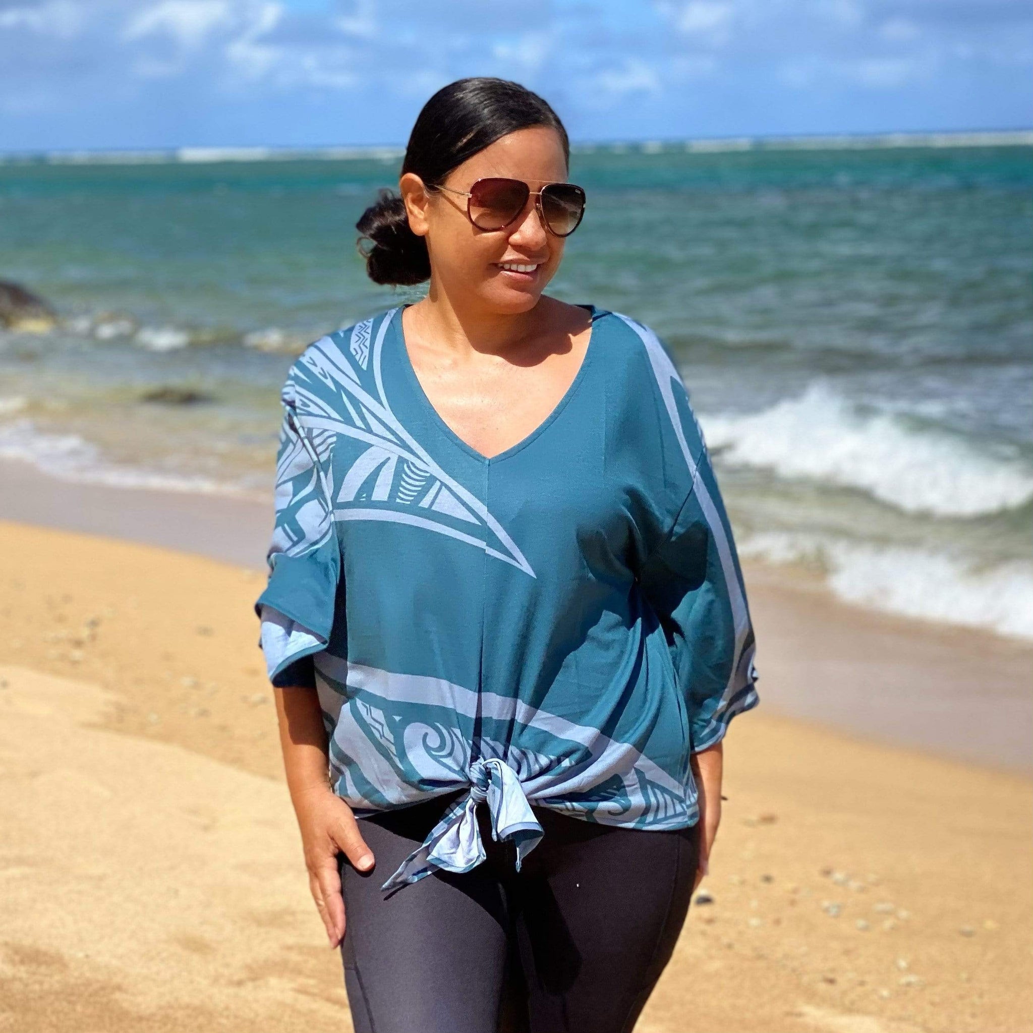 Born Hawaii Womens MALU TIE FRONT TOP SLATE TEAL