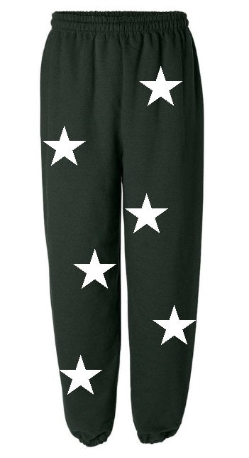 black sweatpants with white stars