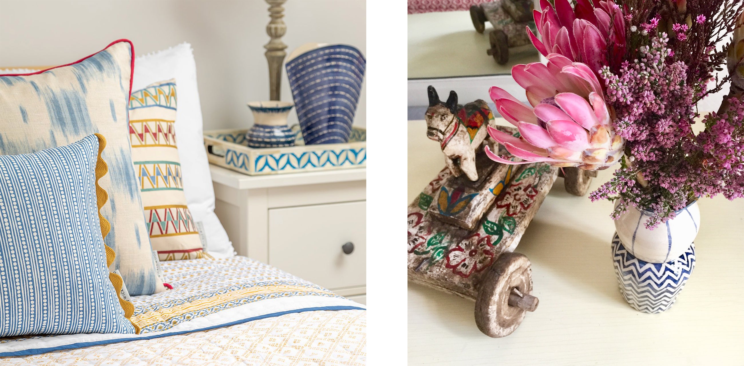 wicklewood bedside details include ceramics, nandi cows and indian inlays