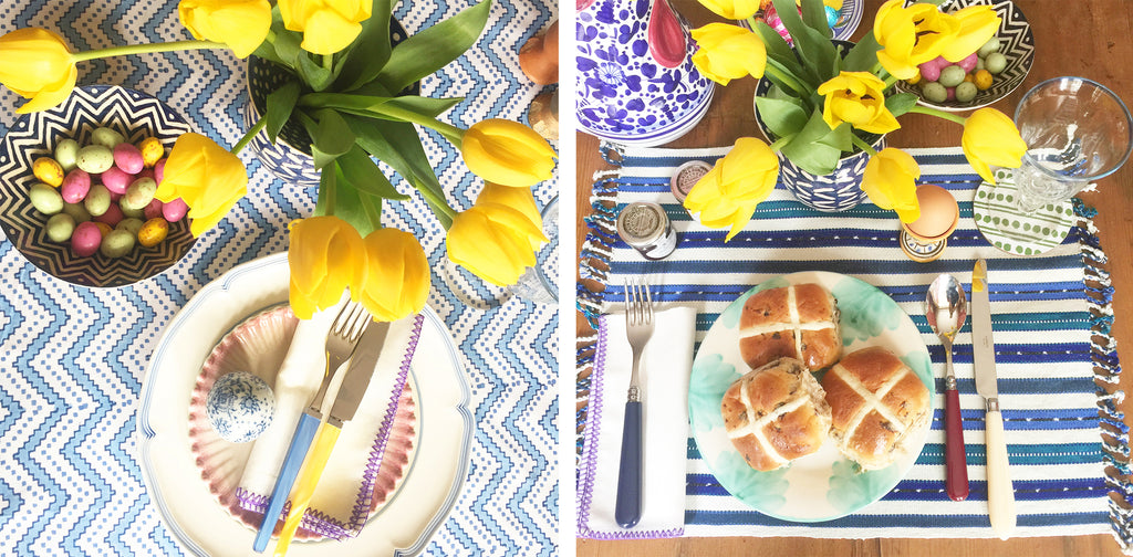 Colourful Easter table top decorating ideas, using hand block printed table cloths and hand-woven table placemats to transform your Easter Sunday table top