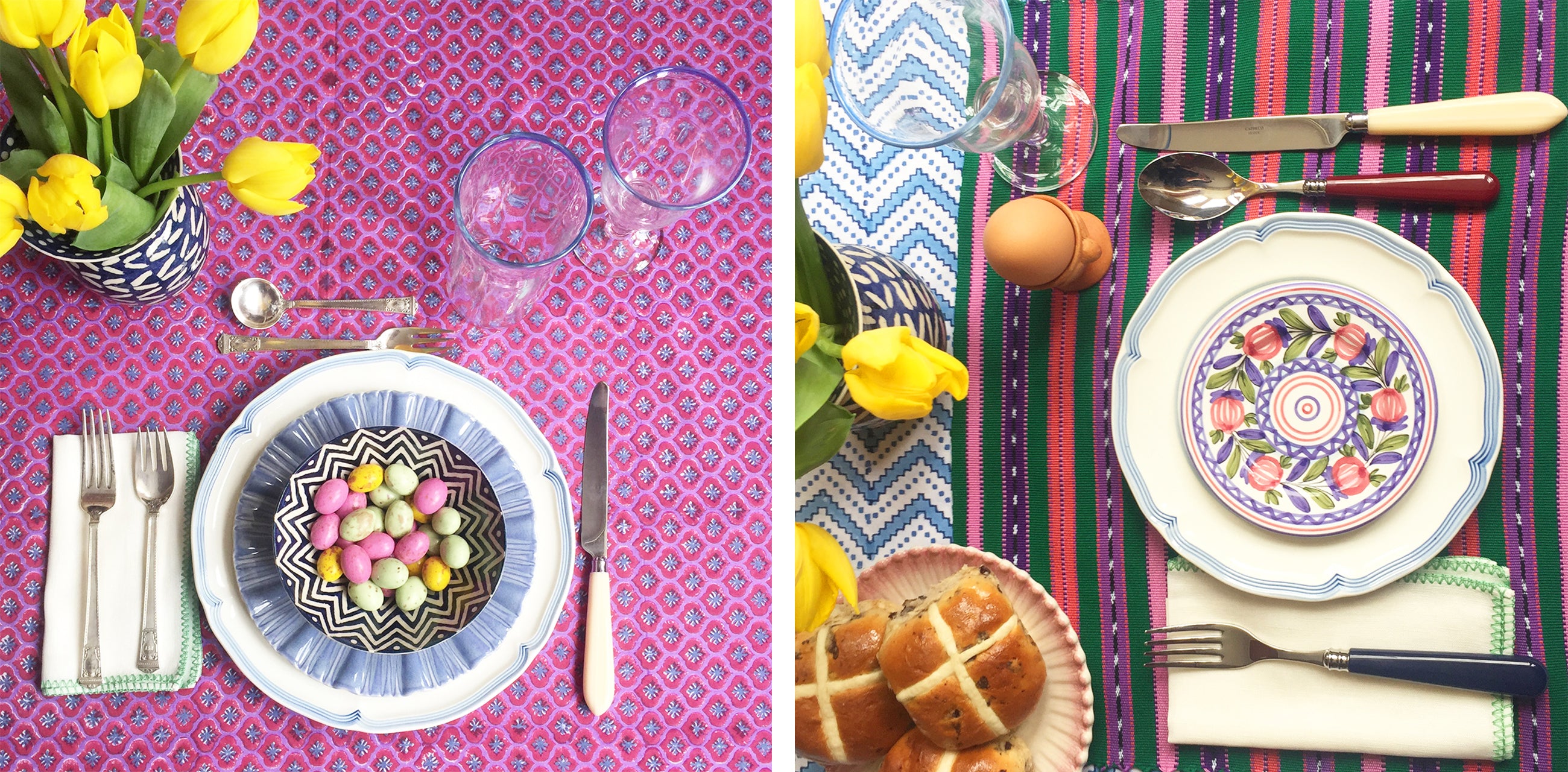 Colourful Easter table top decorating ideas, using hand block printed table cloths and hand-woven table placemats to transform your Easter Sunday table top