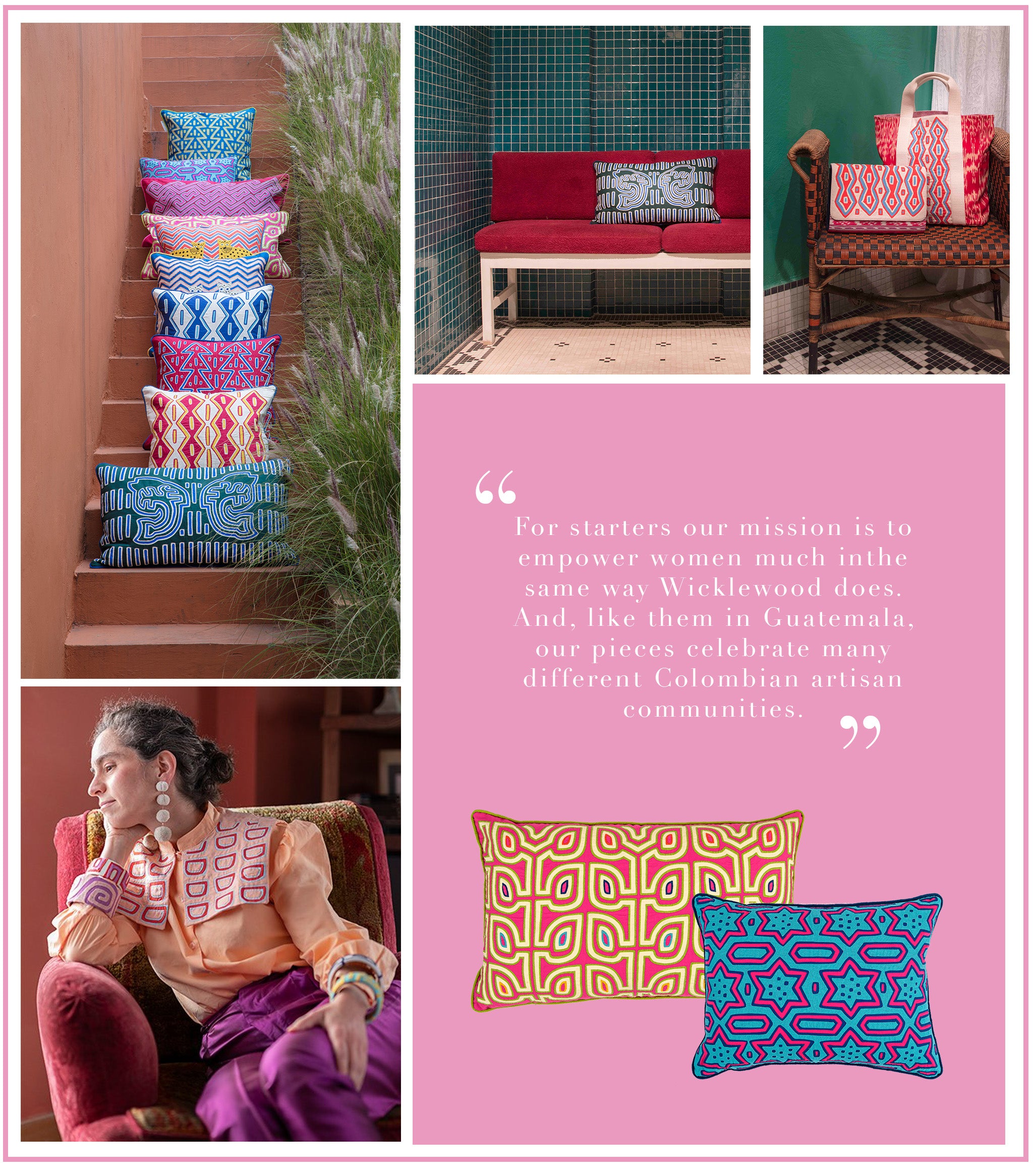 Wicklewood X Mola Sasa range of colourful cushions crafted from Kuna Textiles made in collaboration with the Guna Dule community