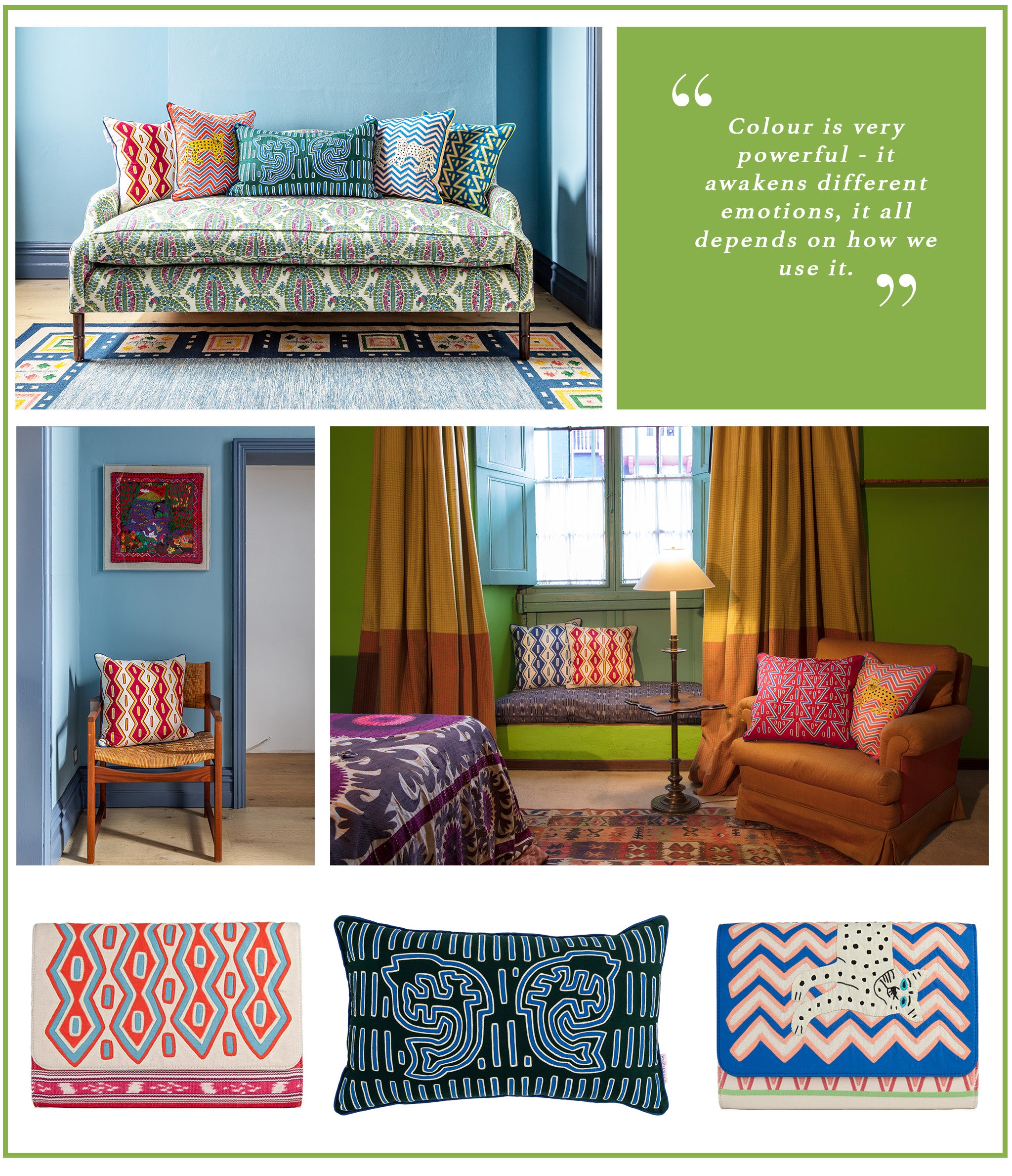 Wicklewood X Mola Sasa range of colourful cushions crafted from Kuna Textiles made in collaboration with the Guna Dule community