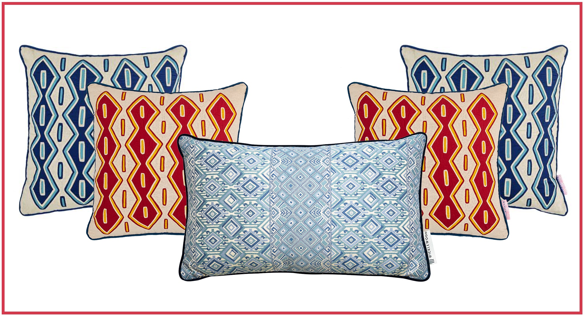 Wicklewood X Mola Sasa range of colourful cushions crafted from Kuna Textiles made in collaboration with the Guna Dule community