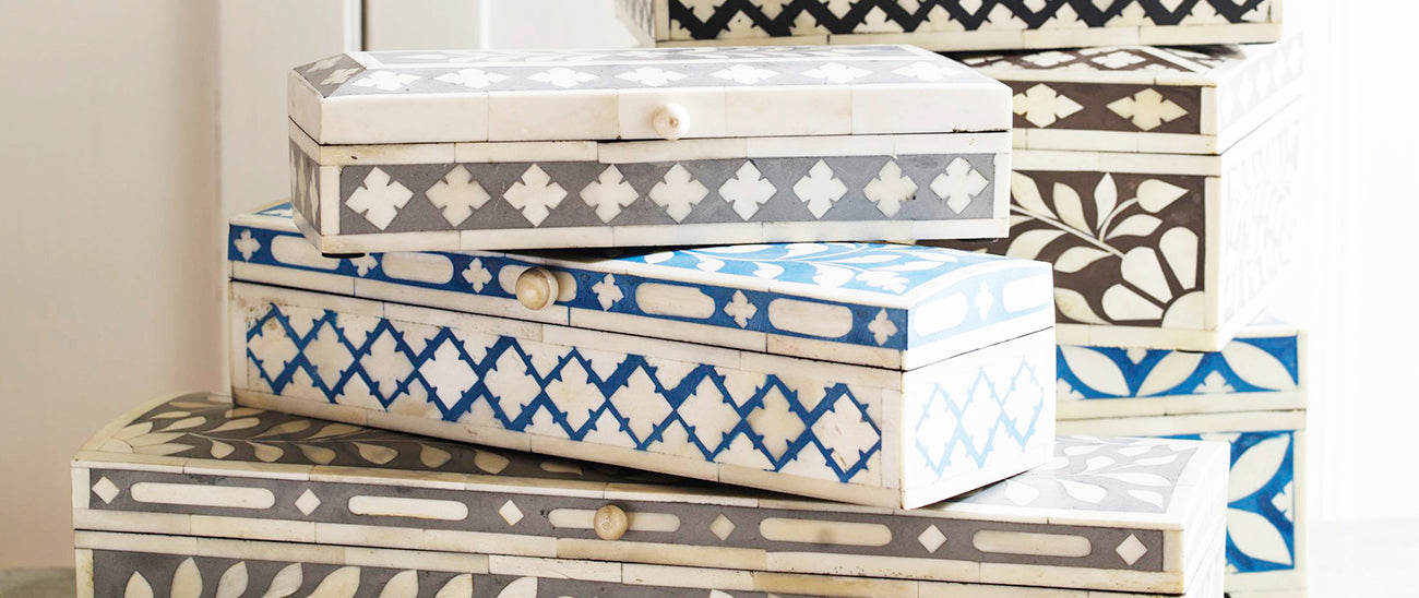 Stash your stuff in style with our handmade inlay boxes and trays, they are perfect to store your favourite things: from photographs to jewels.