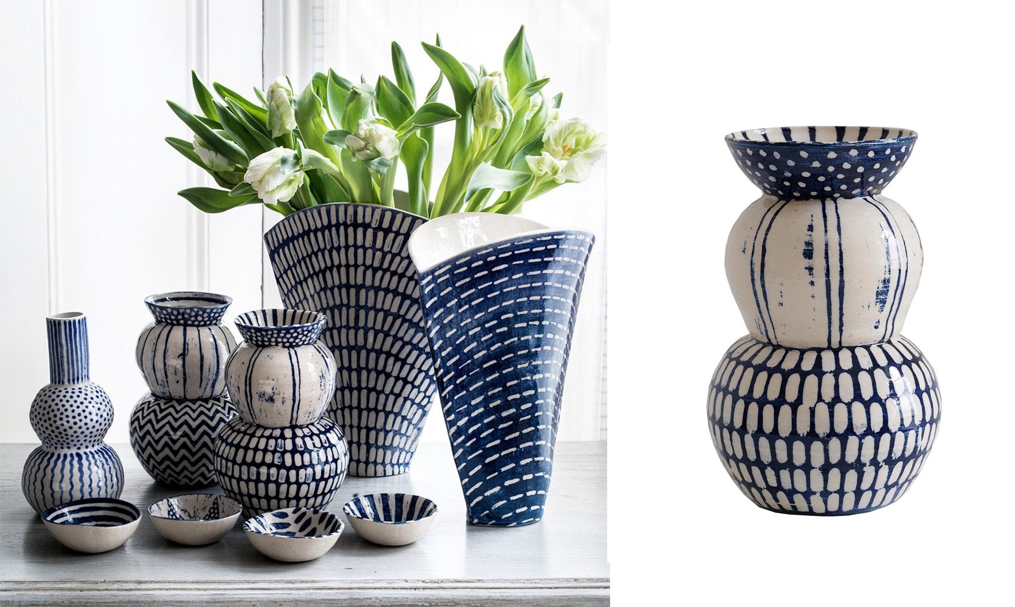 Wicklewood hand made and hand-painted blue and white South African ceramic bowls and vases