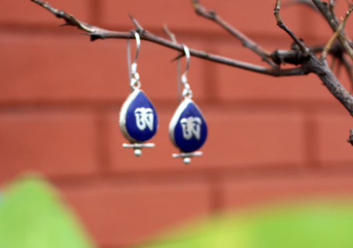 Water Drop Shaped Tibetan Om Silver Earrings - nepacrafts