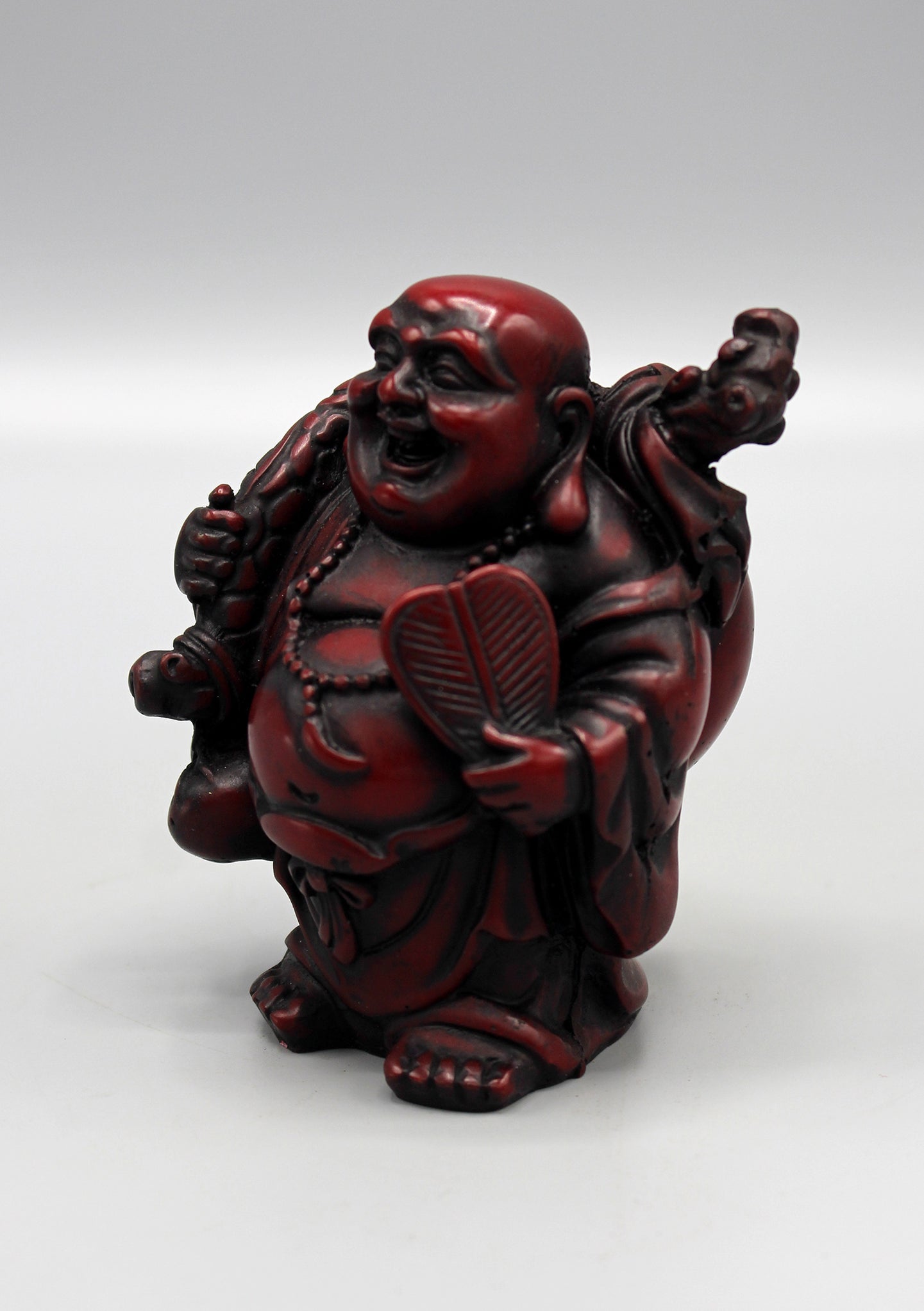 Laughing Buddha with Fan Maroon Resin Statue