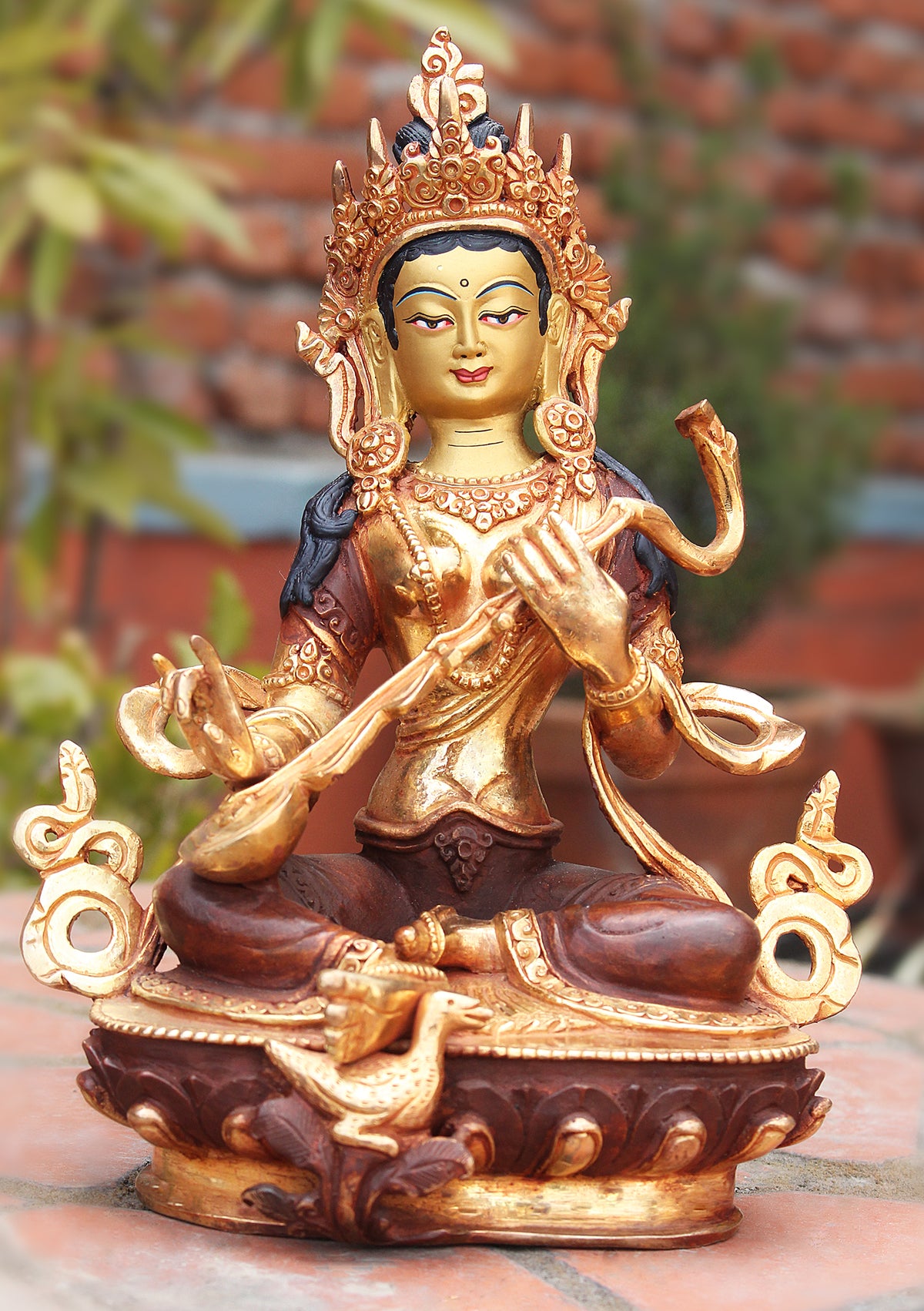 Hindu Goddess Saraswati Partly Gold Plated Statue