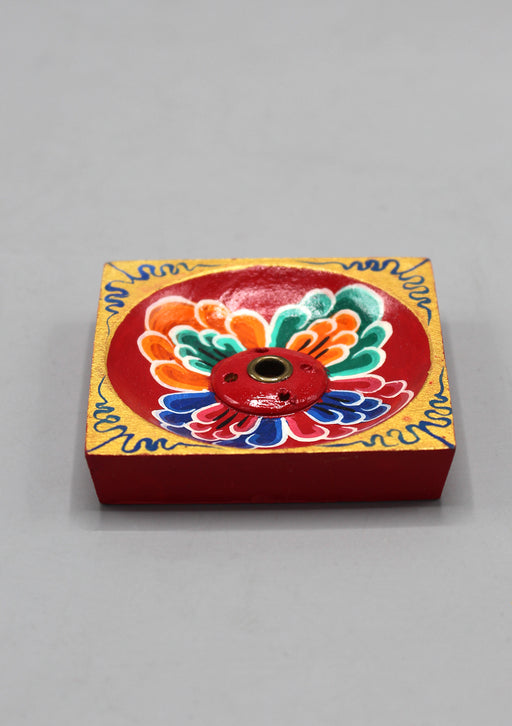 Square Lotus Painted Tibetan Wooden Incense Holder — NepaCrafts Product