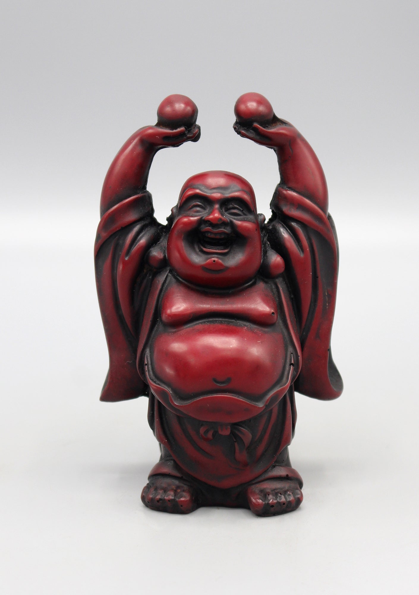 Laughing Buddha Raising Both Hands Maroon Resin Statue