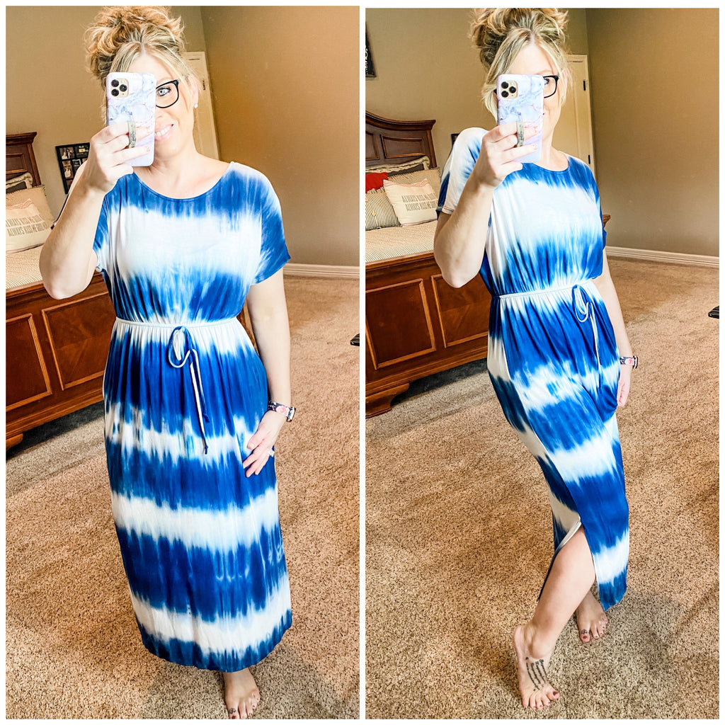 blue and white tie dye dress