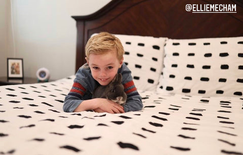 Image of a little boy holding a small bunny on a bed featuring our white with black dashes- Dash Beddy's.