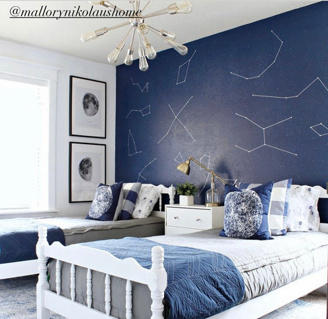 Two twin beds sit in front of a dark navy wall with star constellations. The beds both feature our Modern Gray Beddy's and navy accents. 