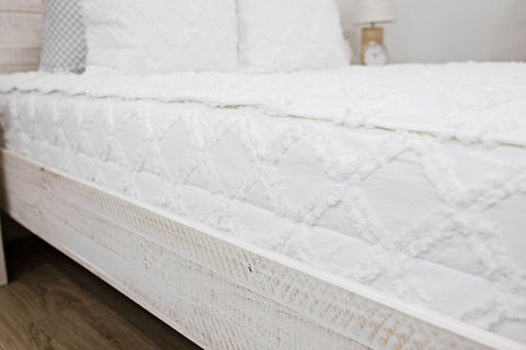 Simple white bedding on a comfortable bed.