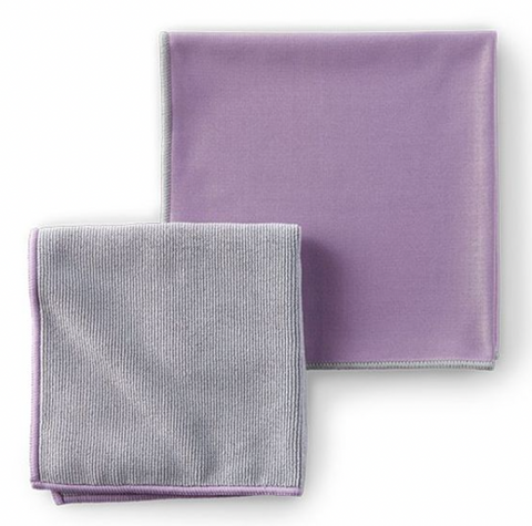 An image of Norwex cloths: a purple square linen and a gray square linen next to it.