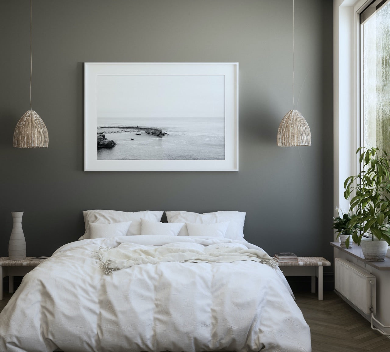 black and white coastal bedroom