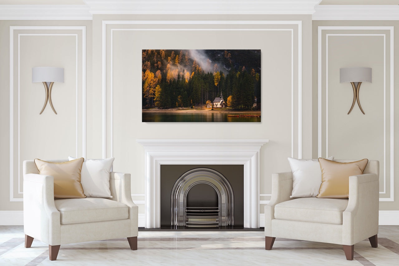 Forest photo wall art in a living room