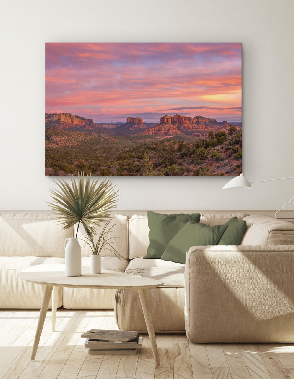 Modern living room with vibrant sunset photograph art