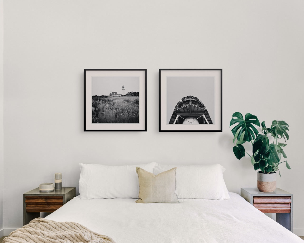 Set of two framed black and white art prints in bedroom