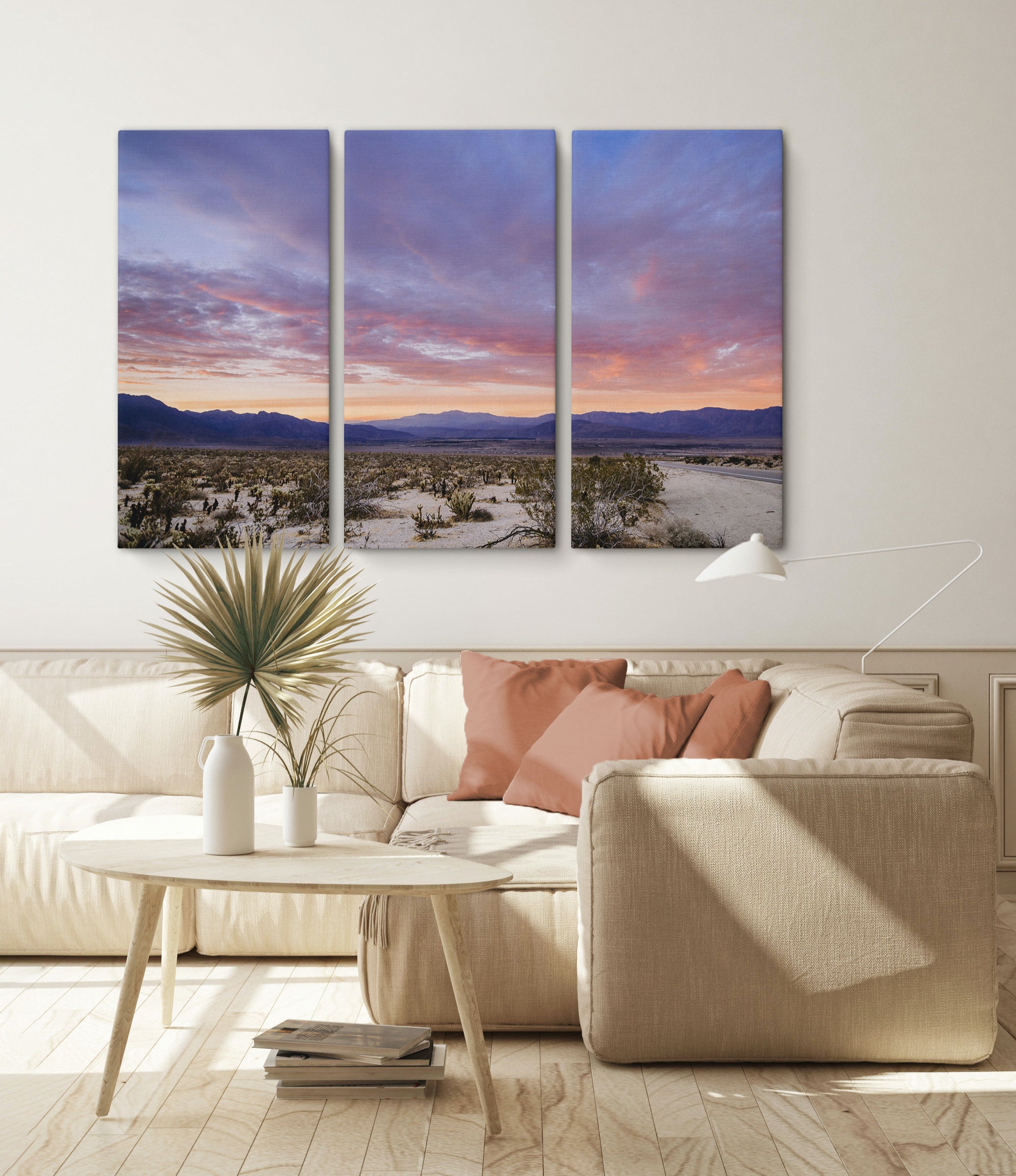 triptych desert art over couch