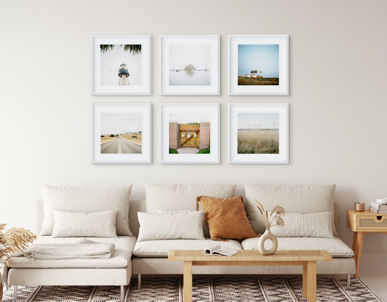 large coastal gallery wall in living room