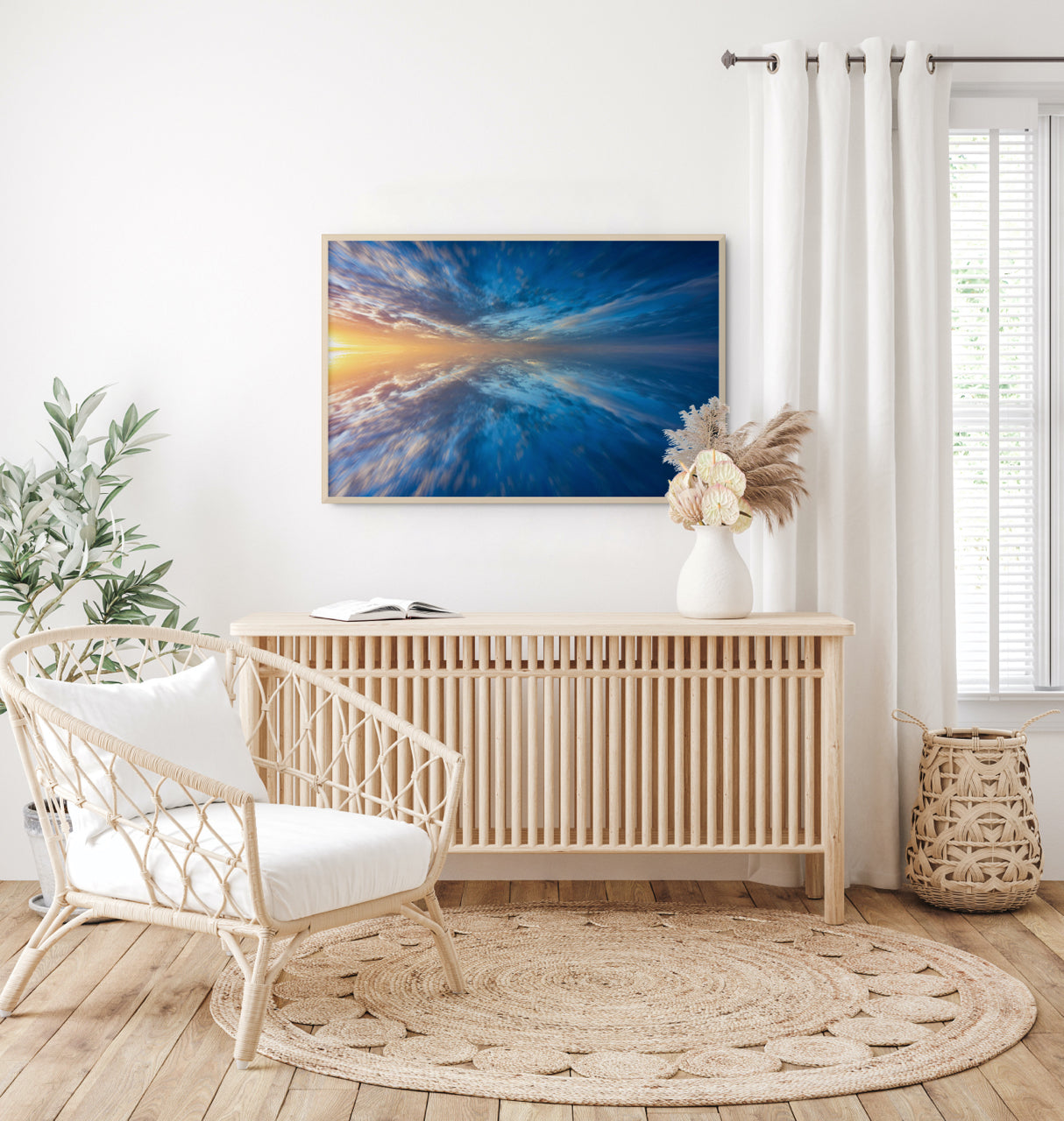 large abstract blue wall art in living room