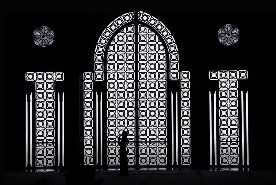 Black and white windows in a mosque