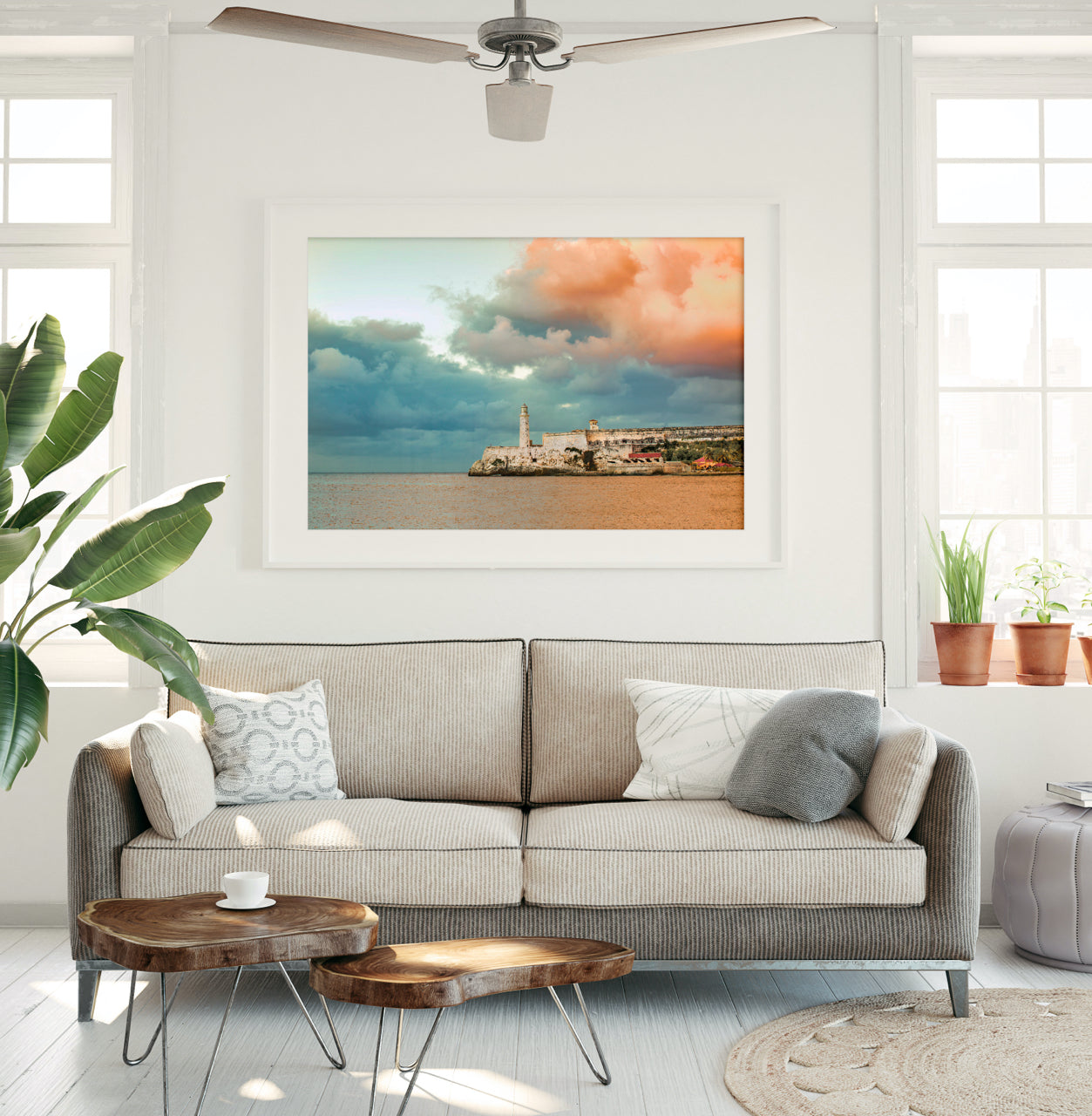 large framed travel photo in living room