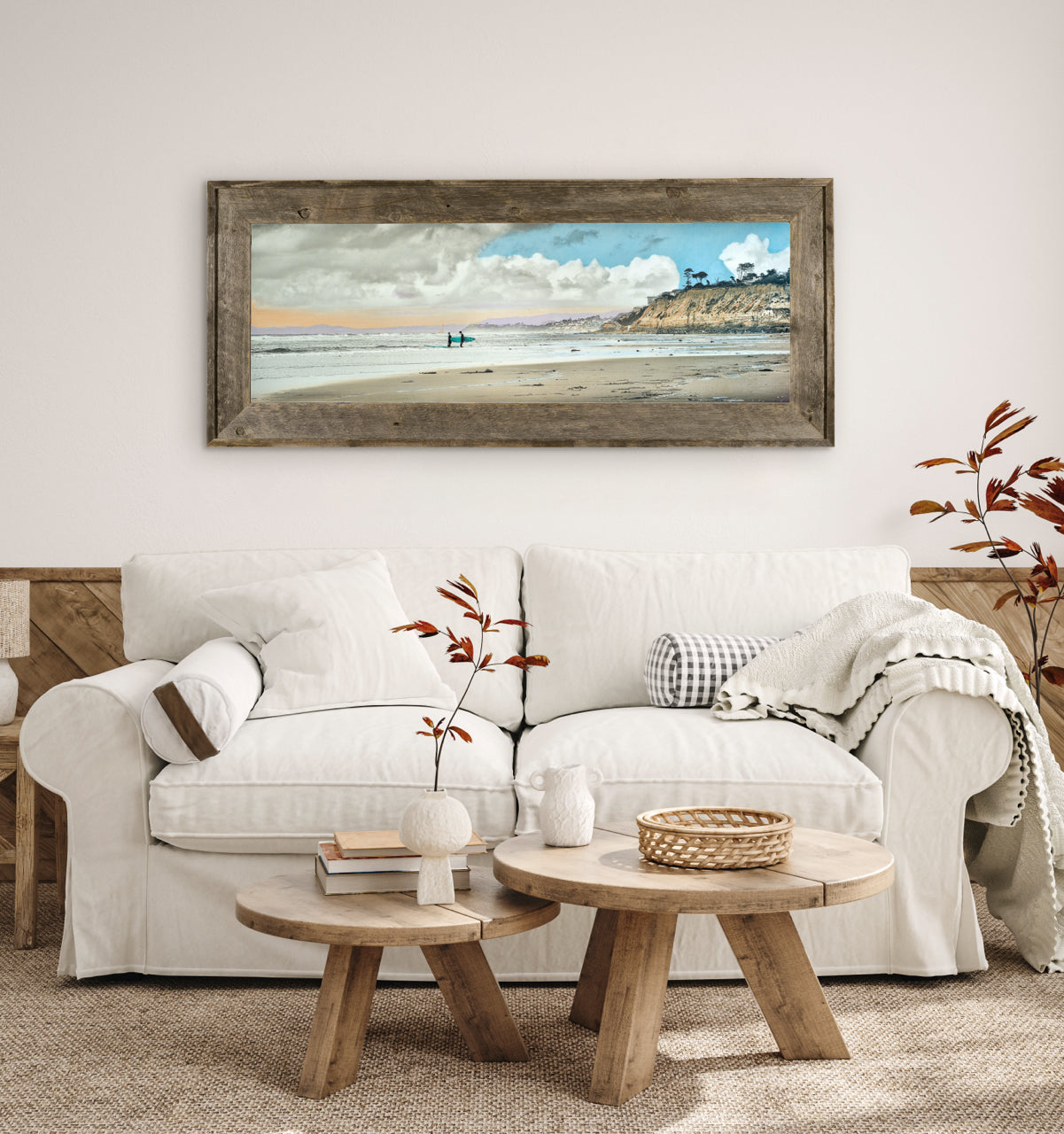 large framed beach wall art in living room