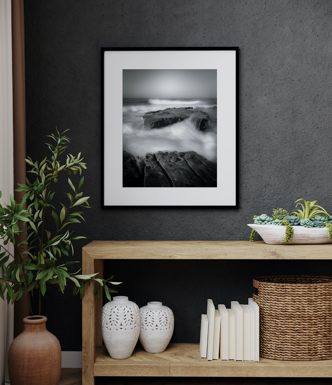 framed modern coastal black and white print