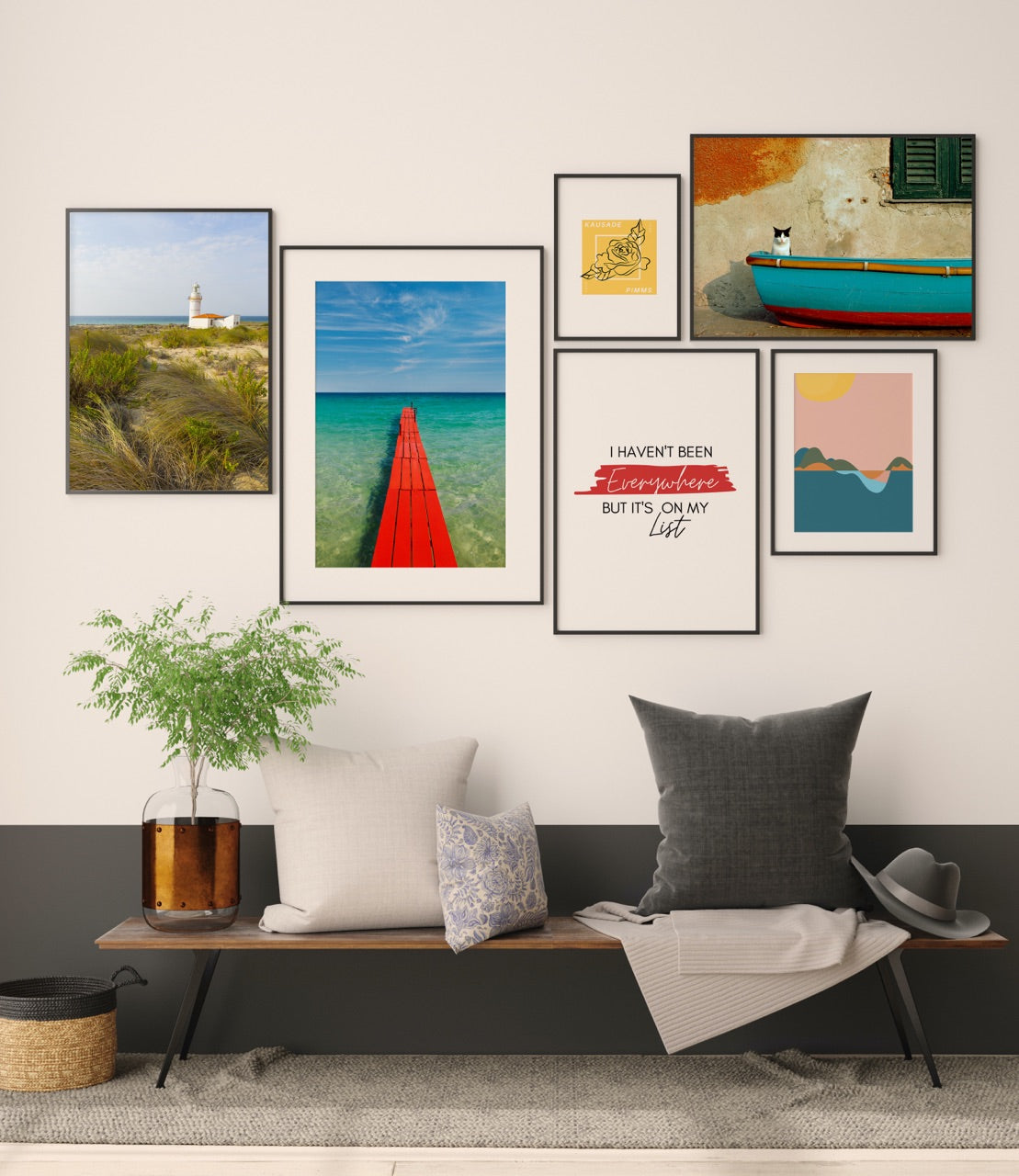 Eclectic gallery wall in living room