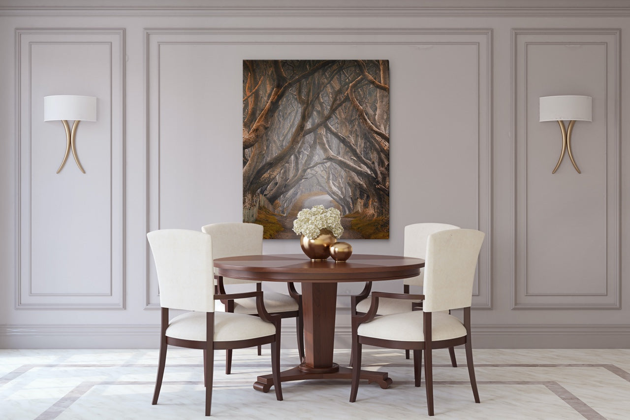 Dining room with large artwork of trees