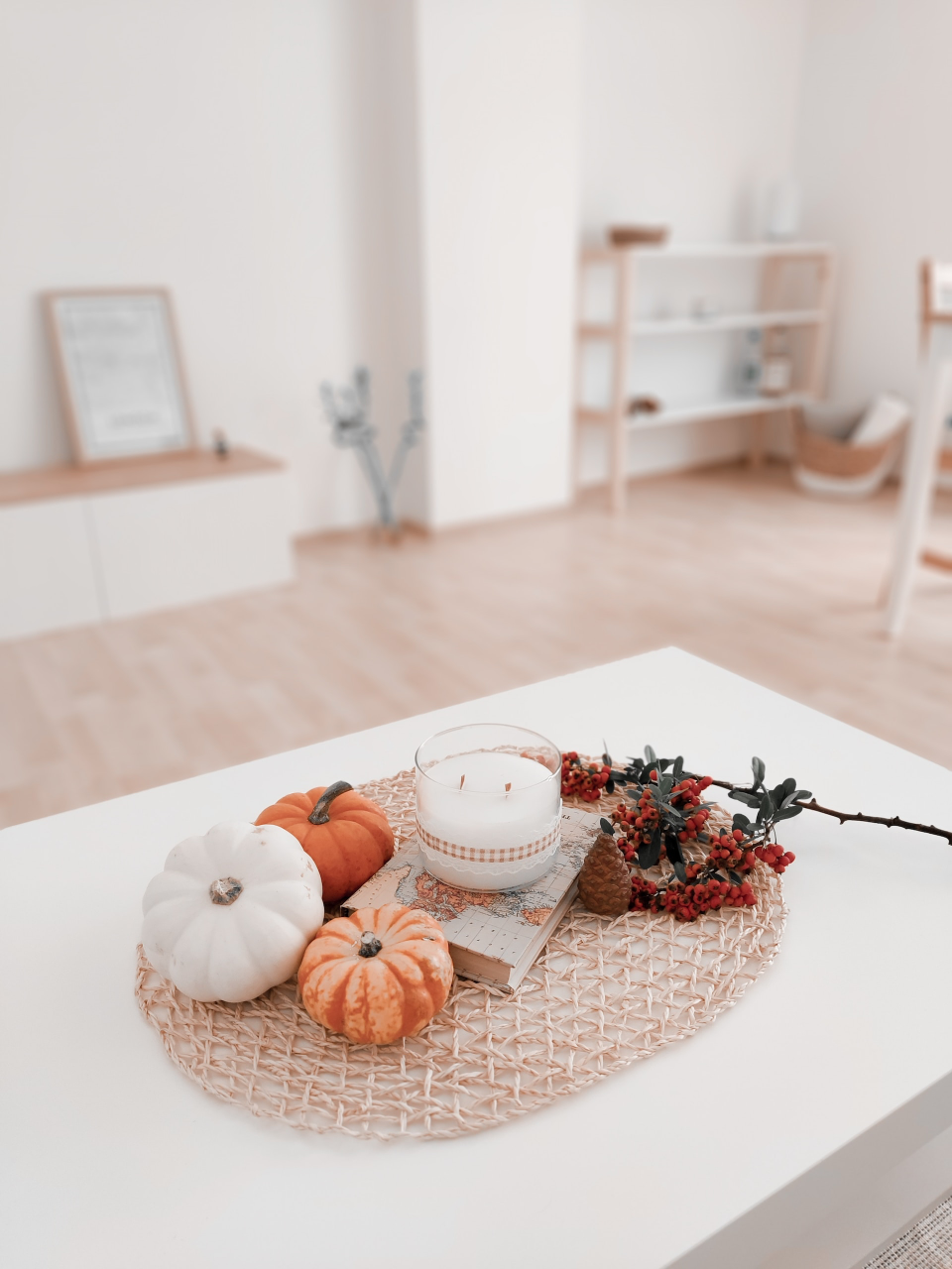 modern fall decorations on coffee table