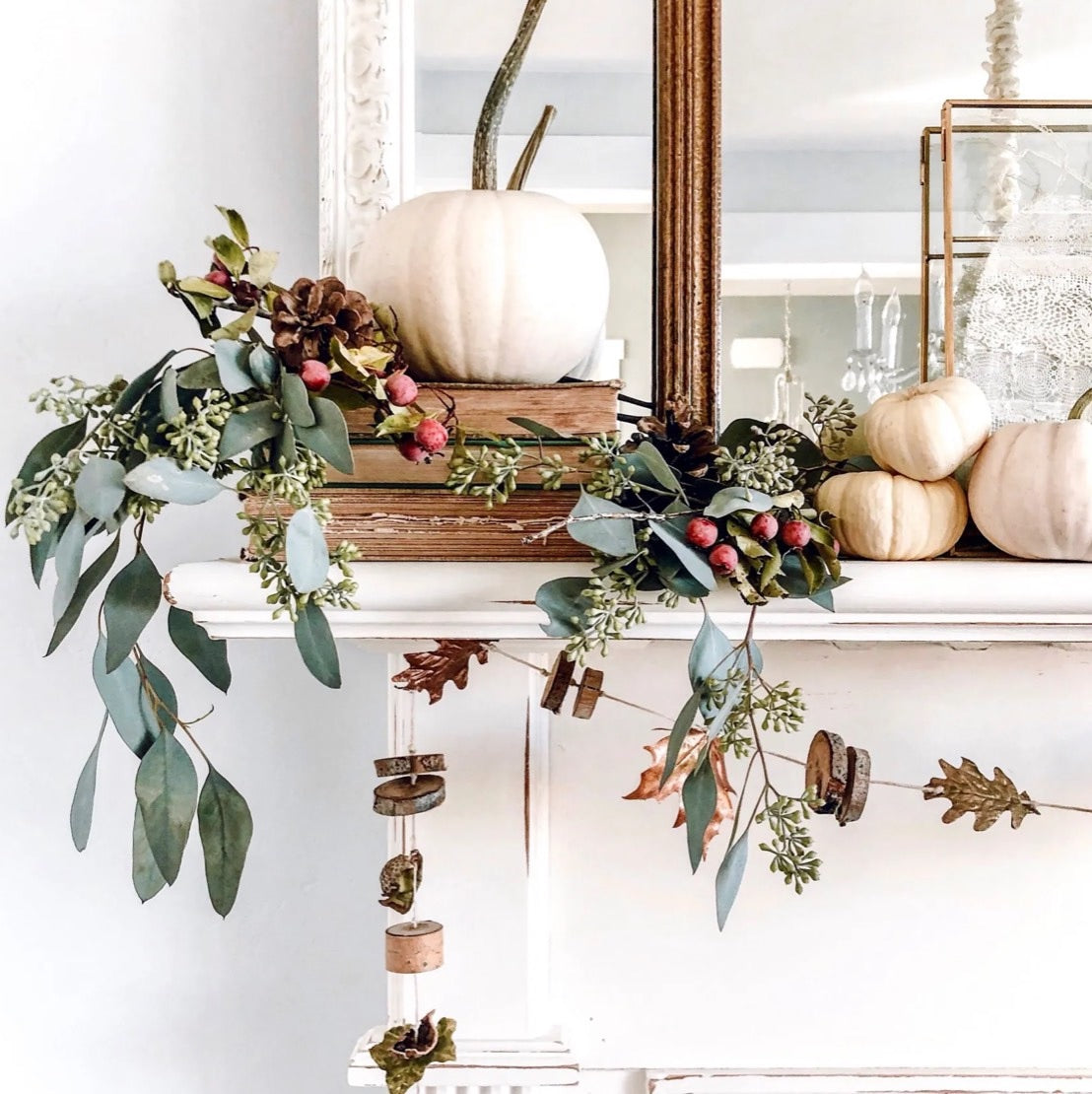 mantle with fall garland and decor