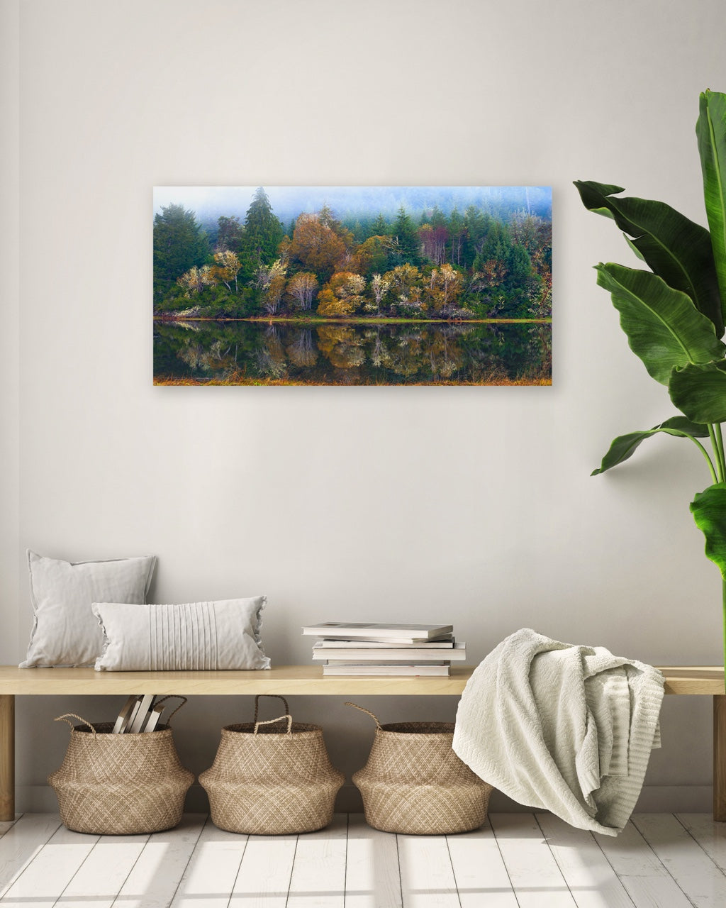 Forest wall art print in a modern entryway