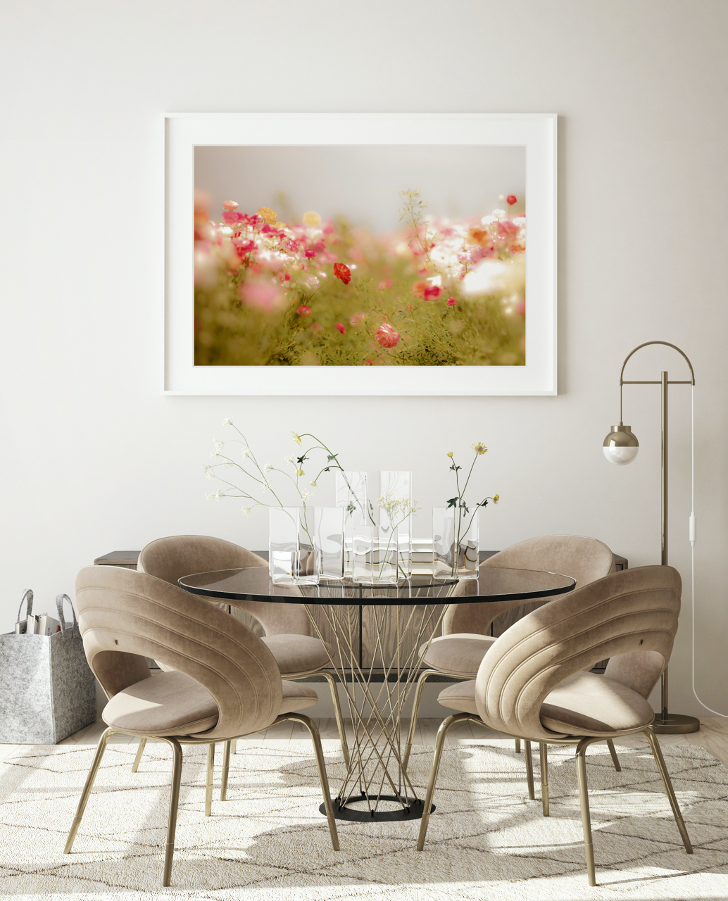 Framed flower art in modern living room
