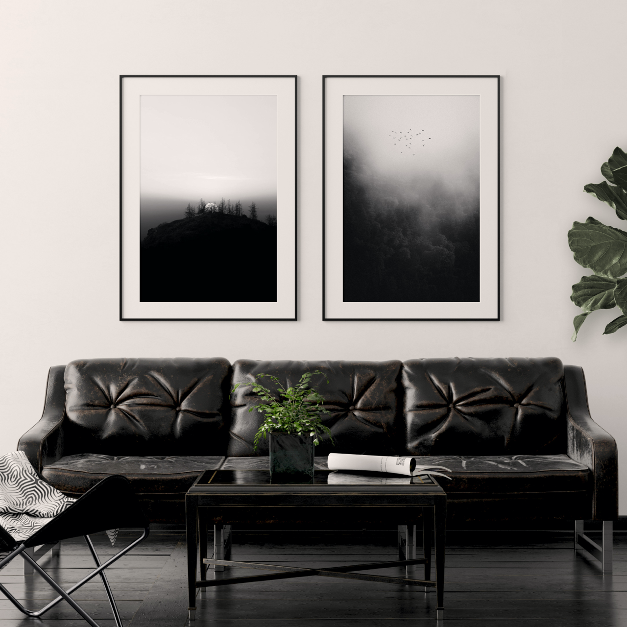Black and white art in modern living room