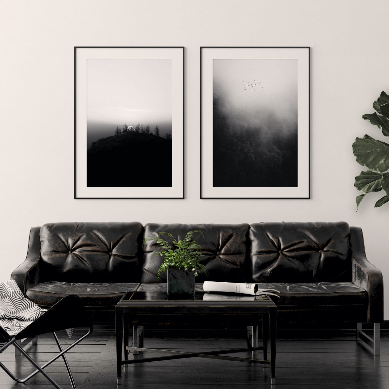 set of 2 framed black and white prints over couch