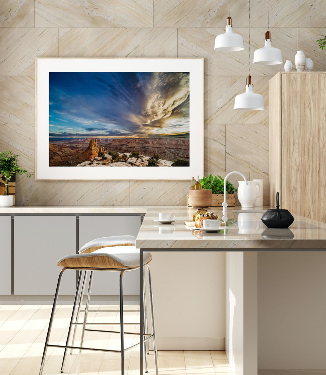 framed nature print in kitchen