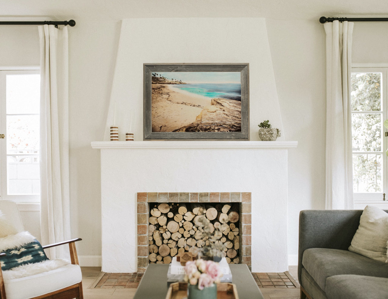 framed beach art in living room